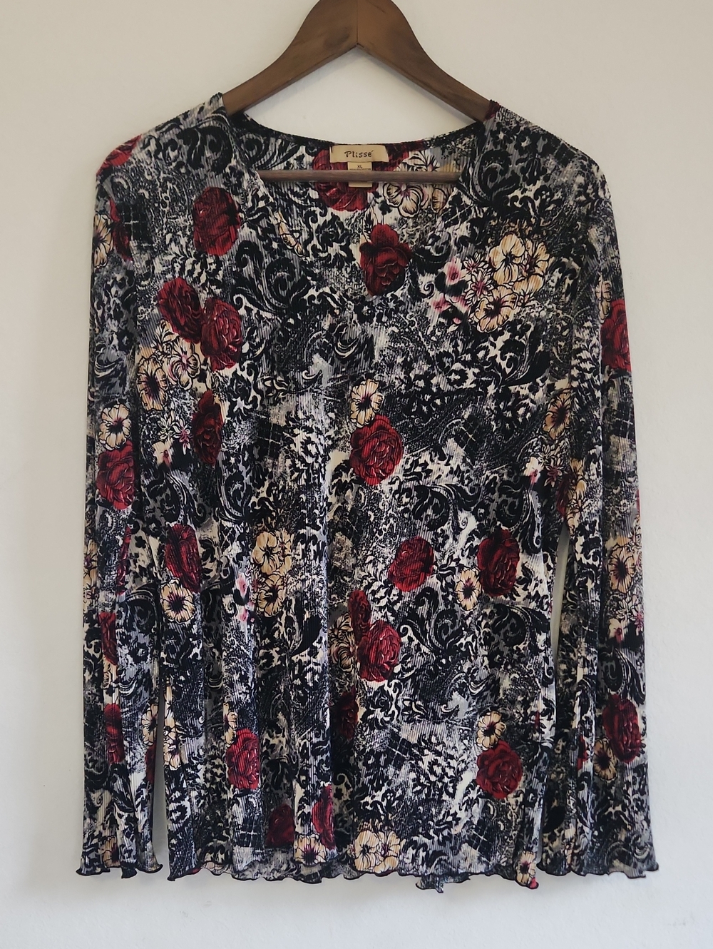 Vintage 90s Plissé Floral Pleated Long Sleeve Top XL Whimsigoth